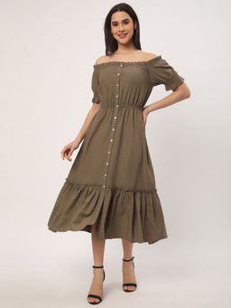 R&B - Olive Viscose Solid Midi Dress