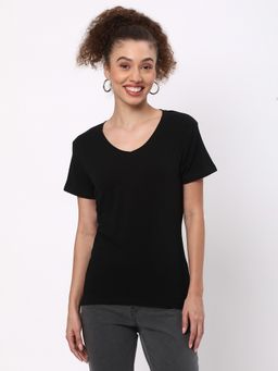 R&B - Women Black Solid Casual T-Shirt