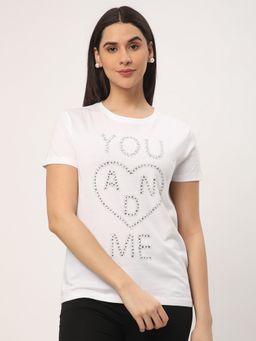 R&B - Women White Embellished Casual T-Shirt