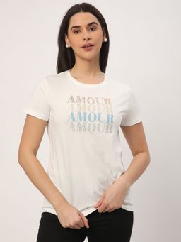 R&B - Women Ivory Embellished Casual T-Shirt