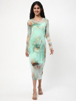 R&B - Green Polyester Abstract Midi Dress
