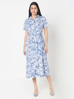 R&B - Blue Cotton Floral Knee Length Dress