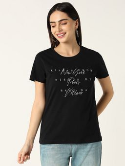 R&B - Women Black Typography Casual T-Shirt