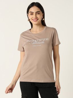 R&B - Women Brown Typography Casual T-Shirt