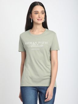 R&B - Women Green Typography Casual T-Shirt