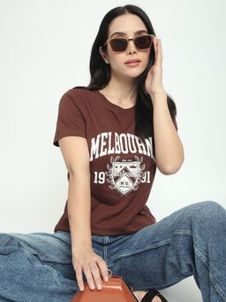 R&B - Women Brown Typography Casual T-Shirt