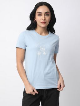 R&B - Women Blue Graphic Casual T-Shirt