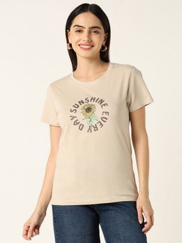 R&B - Women Beige Typography Casual T-Shirt