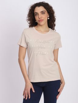 R&B - Women Beige Typography Casual T-Shirt
