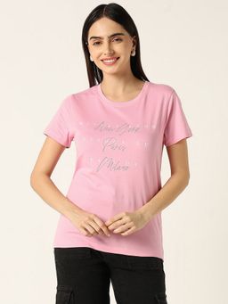 R&B - Women Pink Typography Casual T-Shirt