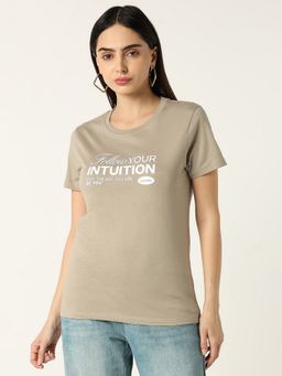R&B - Women Beige Typography Casual T-Shirt
