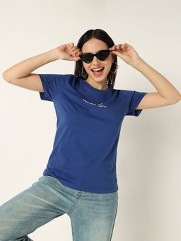 R&B - Women Blue Typography Casual T-Shirt
