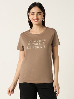 R&B - Women Brown Typography Casual T-Shirt