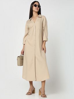 R&B - Beige Linen Solid Midi Dress
