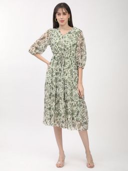 R&B - Green Polyester Floral Midi Dress