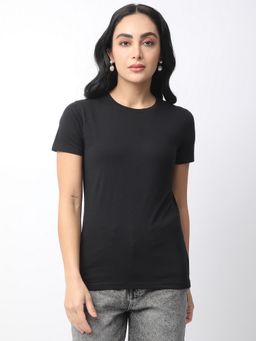 R&B - Women Black Solid Casual T-Shirt