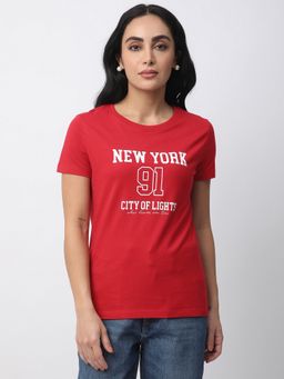 R&B - Women Red Typography Casual T-Shirt