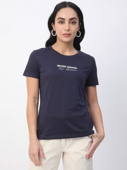 R&B - Women Navy Blue Typography Casual T-Shirt