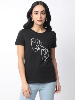 R&B - Women Black Graphic Casual T-Shirt
