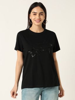 R&B - Women Black Embellished Casual T-Shirt