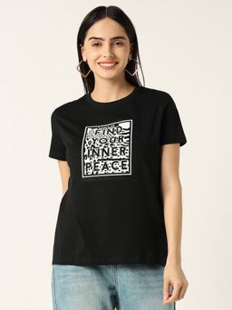 R&B - Women Black Typography Casual T-Shirt