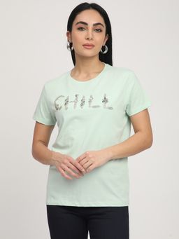 R&B - Women Green Embellished Casual T-Shirt