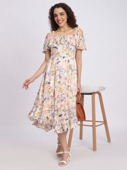 R&B - Off White Polyester Floral Midi Dress