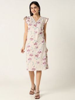 R&B - Beige Cotton Floral Knee Length Dress
