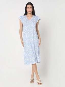 R&B - Blue Cotton Floral Knee Length Dress