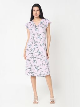 R&B - Pink Cotton Floral Knee Length Dress
