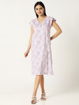 R&B - Lavender Cotton Floral Knee Length Dress
