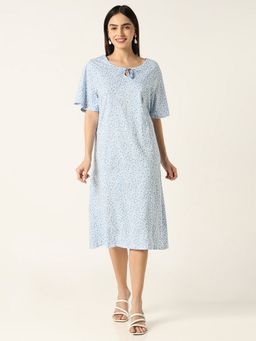 R&B - Blue Cotton Floral Knee Length Dress