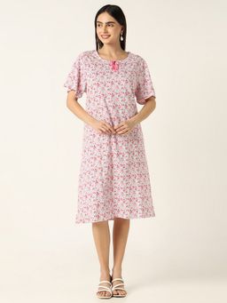 R&B - Pink Cotton Floral Knee Length Dress