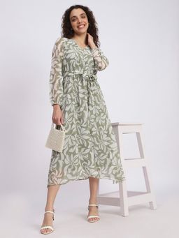 R&B - Green Polyester Floral Midi Dress