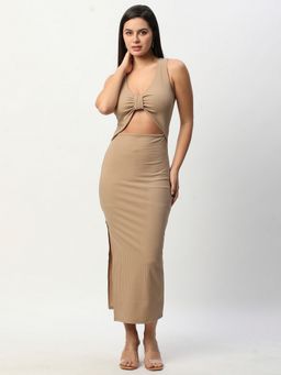 R&B - Beige Polyester Solid Midi Dress