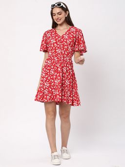 R&B - Red Rayon Floral Mini Dress