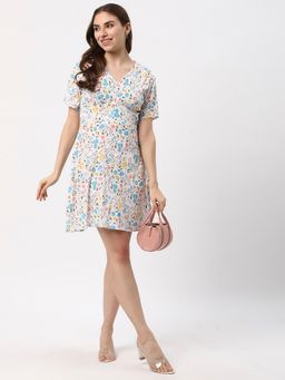 R&B - Ivory Rayon Floral Mini Dress