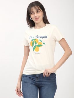R&B - Women Off White Graphic Casual T-Shirt