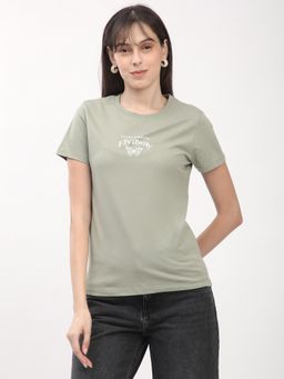 R&B - Women Green Typography Casual T-Shirt