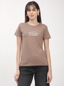 R&B - Women Brown Typography Casual T-Shirt