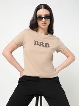 R&B - Women Beige Typography Casual T-Shirt