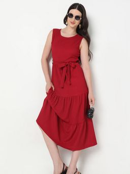 R&B - Red Polyester Textured Midi Dress
