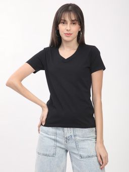 R&B - Women Black Solid Casual T-Shirt