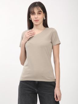R&B - Women Beige Solid Casual T-Shirt