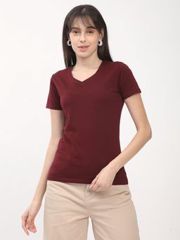 R&B - Women Wine Solid Casual T-Shirt