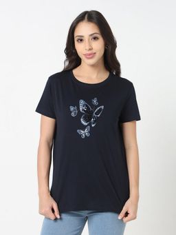 R&B - Women Navy Blue Graphic Casual T-Shirt