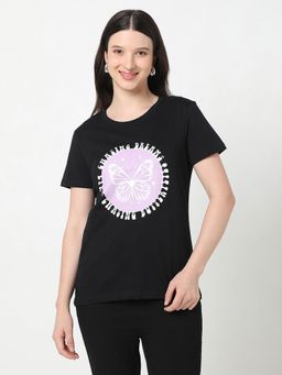 R&B - Women Black Graphic Casual T-Shirt