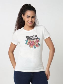 R&B - Women Off White Graphic Casual T-Shirt