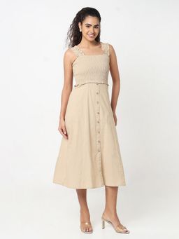 R&B - Beige Cotton Solid Midi Dress