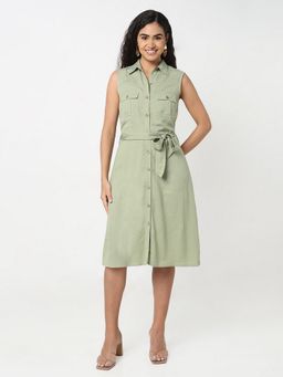 R&B - Green Rayon Solid Knee Length Dress